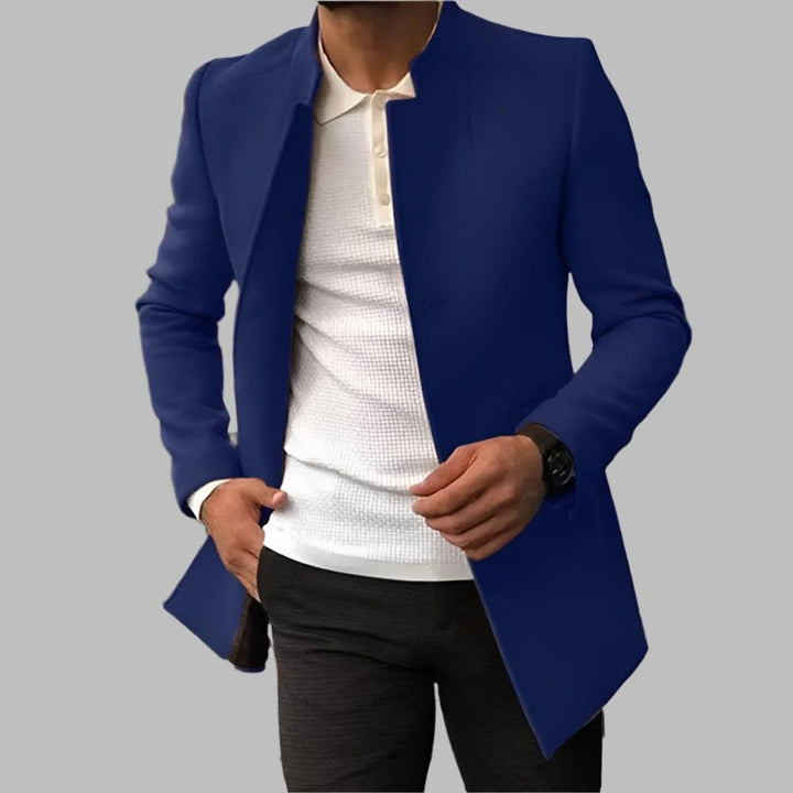 Dominic slim fit stand collar wool coat in blue, front view