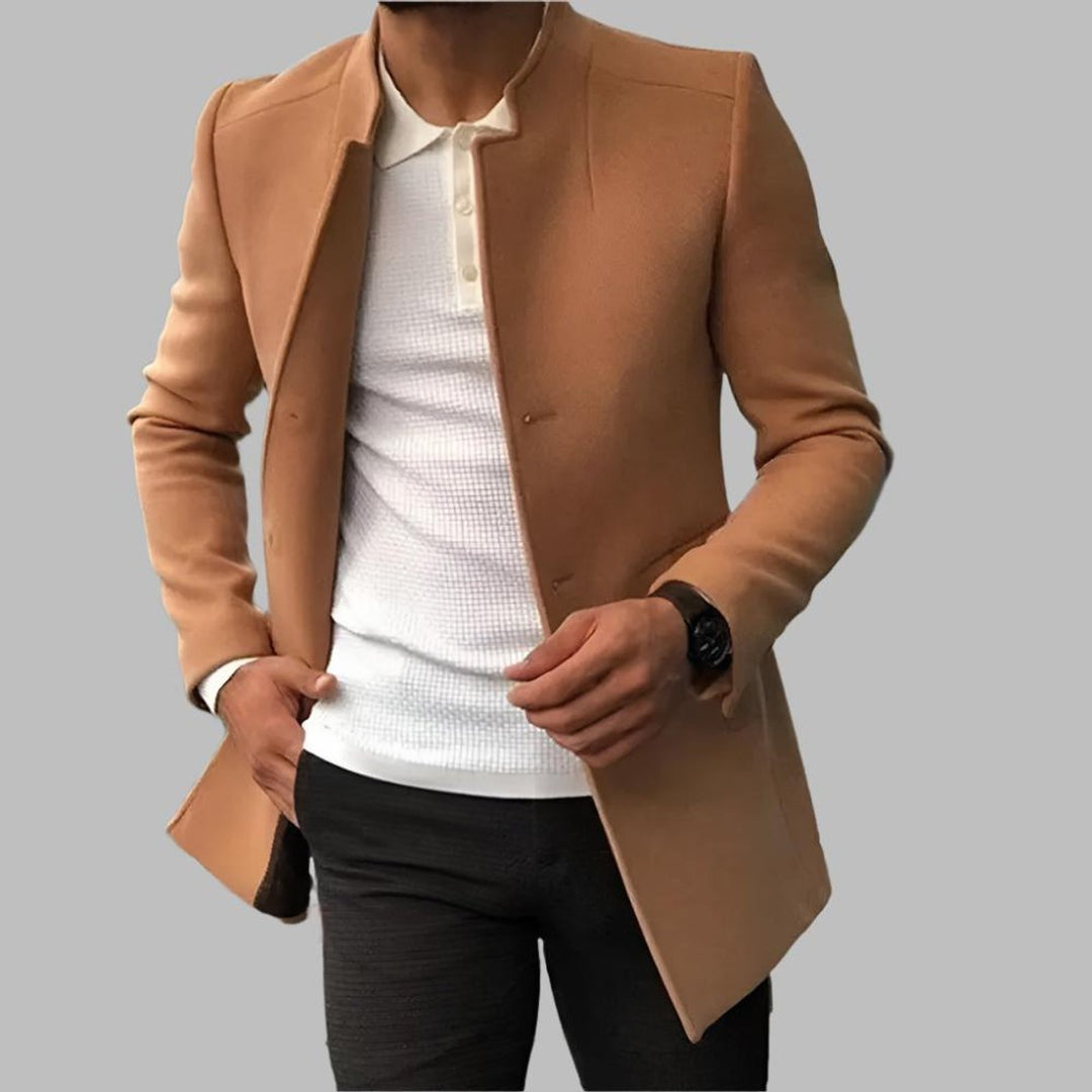 Dominic slim fit stand collar wool coat in camel, front view