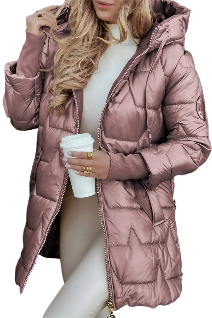 Eleanor hooded quilted puffer coat in beige, front view on model