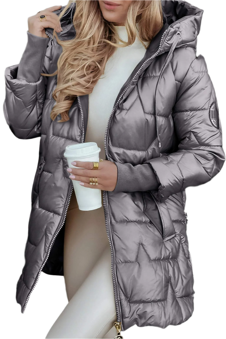 Eleanor hooded quilted puffer coat in black, front view with shoulder bag