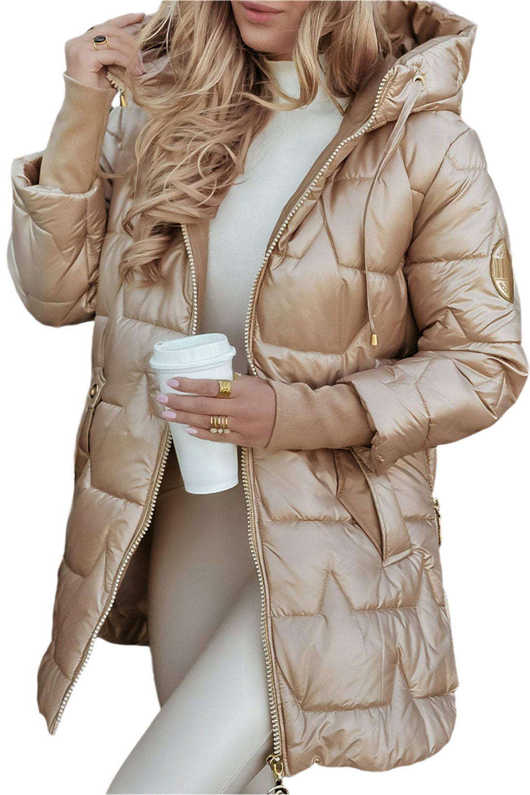 Eleanor hooded quilted puffer coat in black, front view with shoulder bag