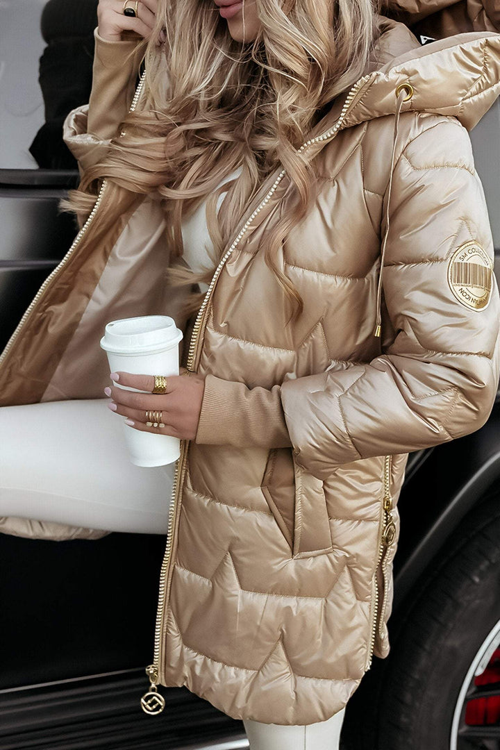 Eleanor hooded quilted puffer coat in beige, close-up front detail
