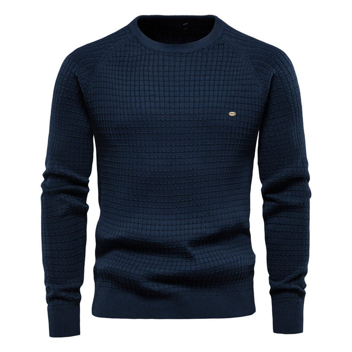 Elliot textured crew neck sweater in navy, front view