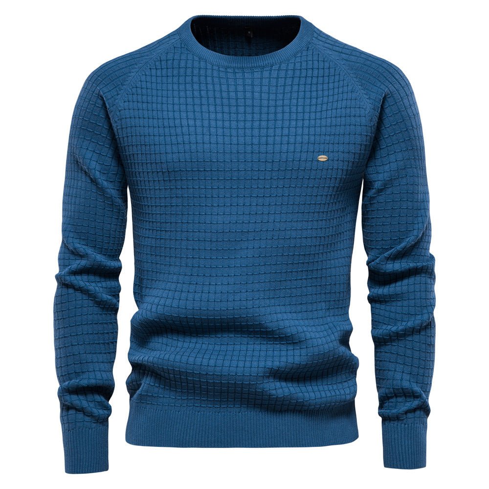 Elliot textured crew neck sweater in blue, front view