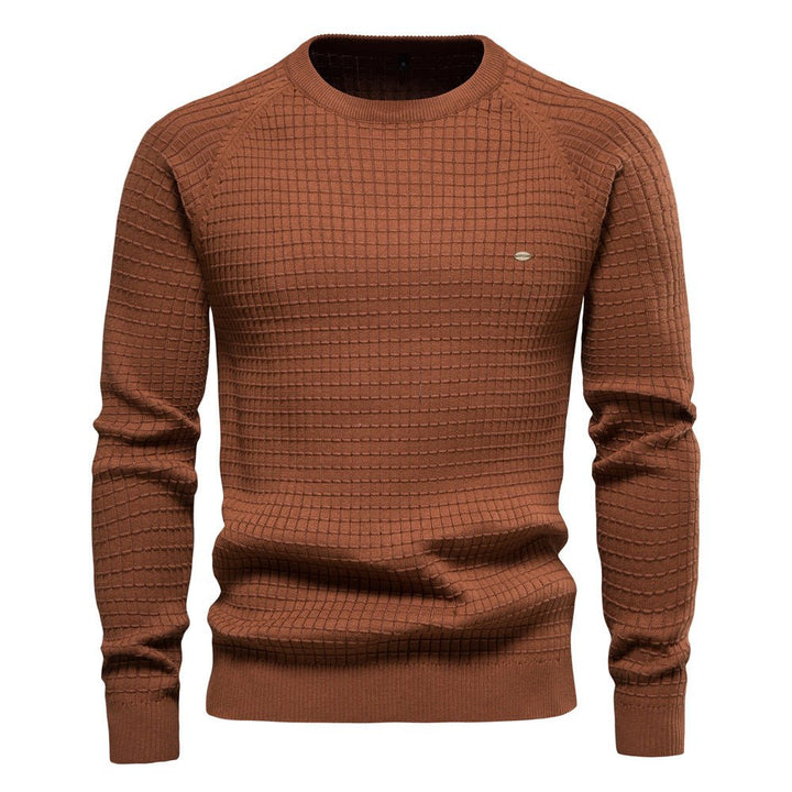 Elliot textured crew neck sweater in brown, front view