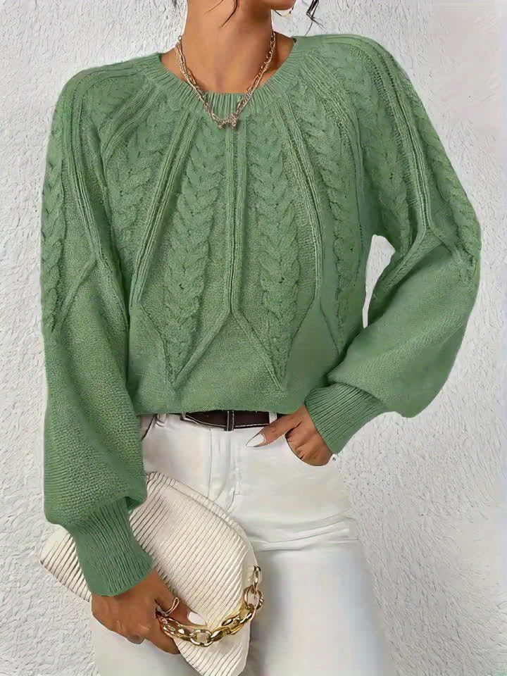 Elowen matcha green cable-knit round-neck sweater, close-up detail