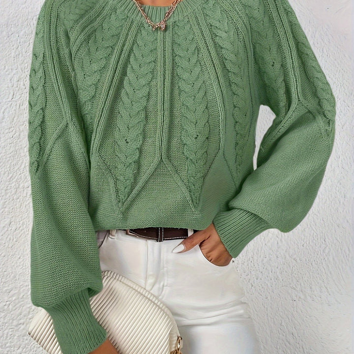 Elowen matcha green cable-knit round-neck sweater, close-up front view