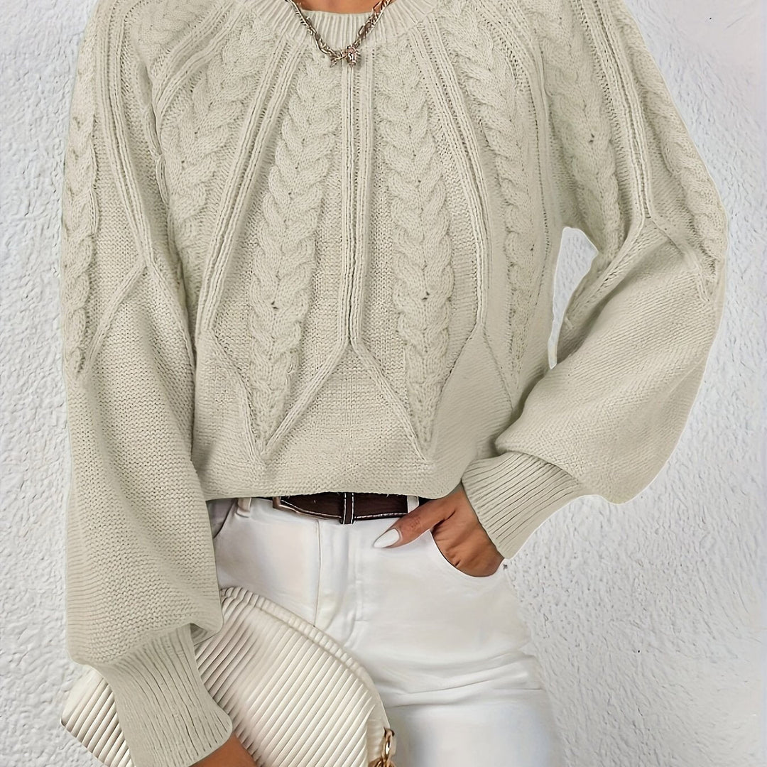 Elowen beige cable-knit round-neck sweater, close-up detail