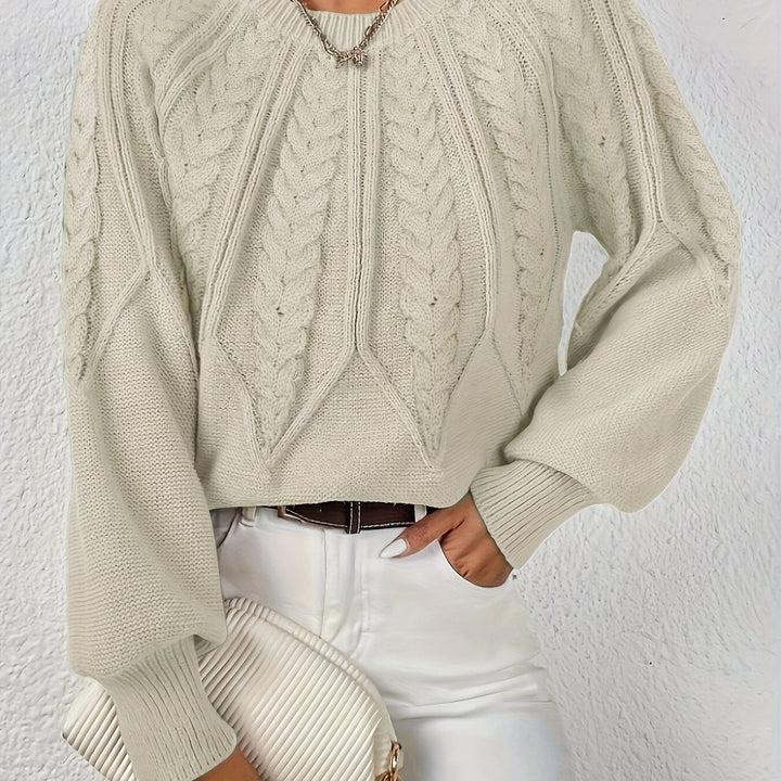 Elowen beige cable-knit round-neck sweater, close-up detail
