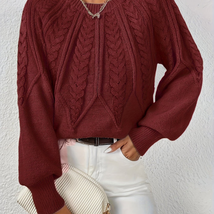 Elowen burgundy cable-knit round-neck sweater, close-up detail