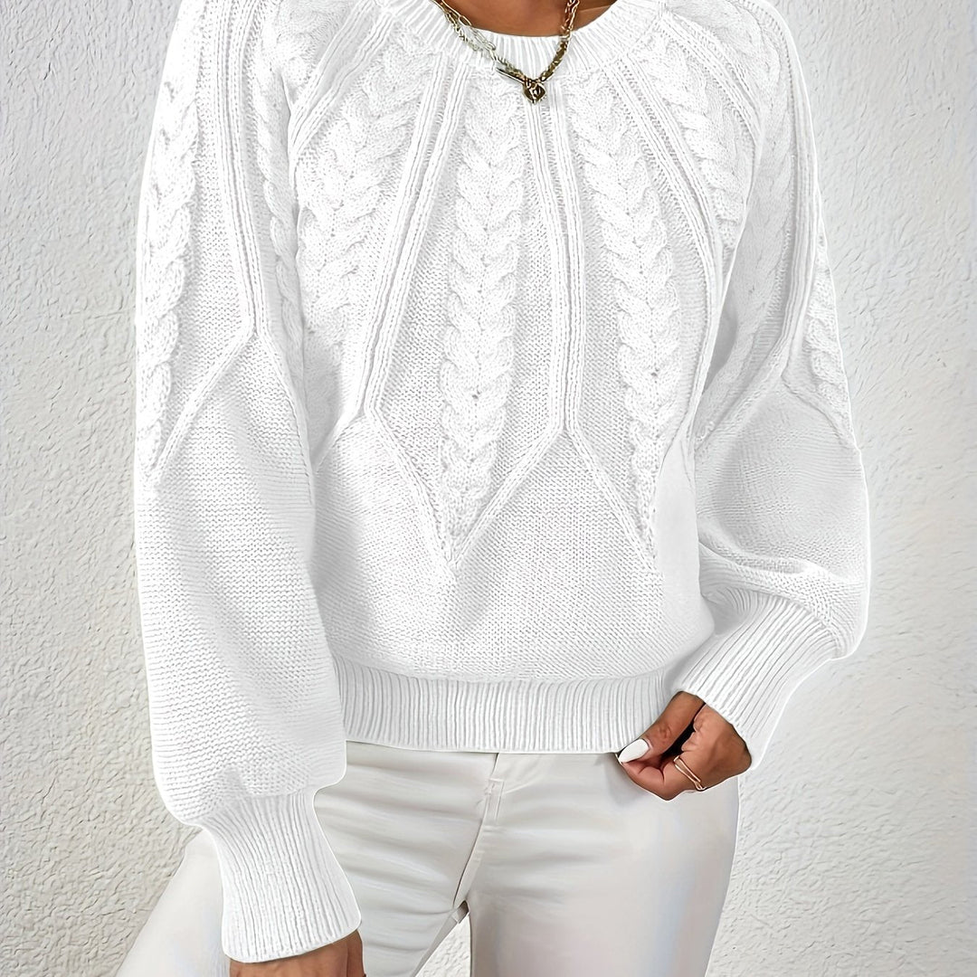 Elowen white cable-knit round-neck sweater, close-up detail