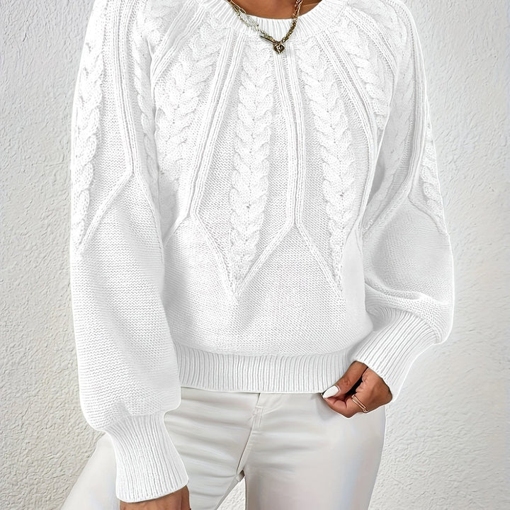 Elowen white cable-knit round-neck sweater, close-up detail