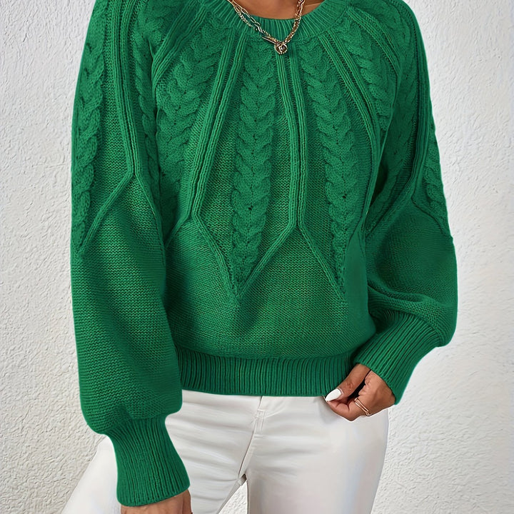 Elowen green cable-knit round-neck sweater, close-up detail