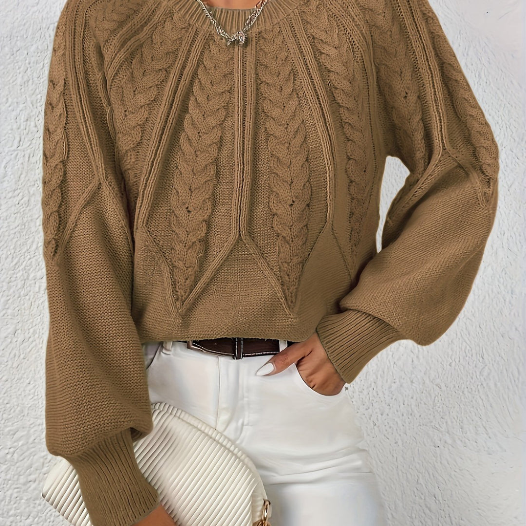 Elowen camel cable-knit round-neck sweater, close-up detail