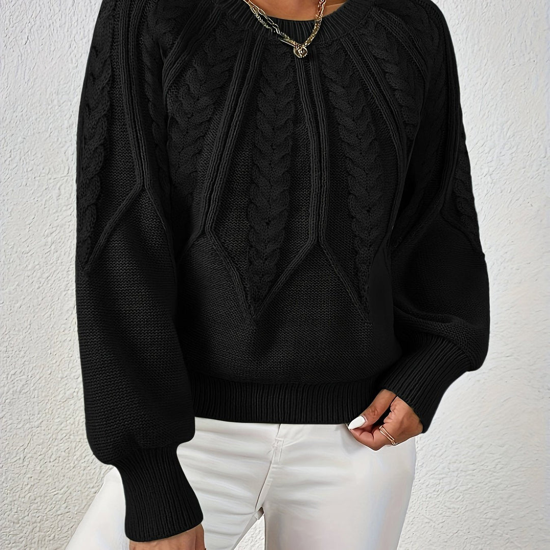 Elowen black cable-knit round-neck sweater, close-up detail