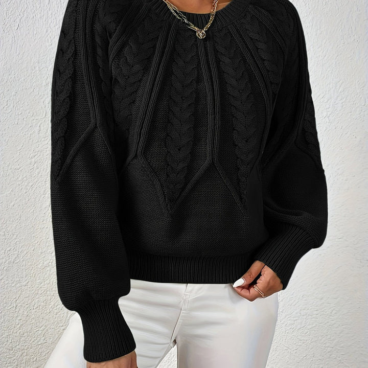 Elowen black cable-knit round-neck sweater, close-up detail