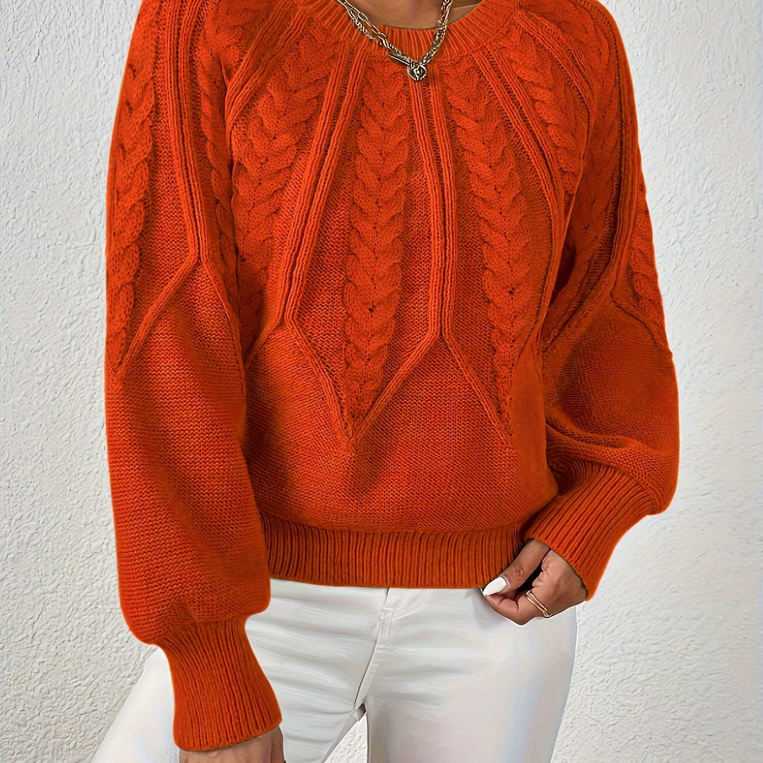Elowen orange red cable-knit round-neck sweater, close-up detail