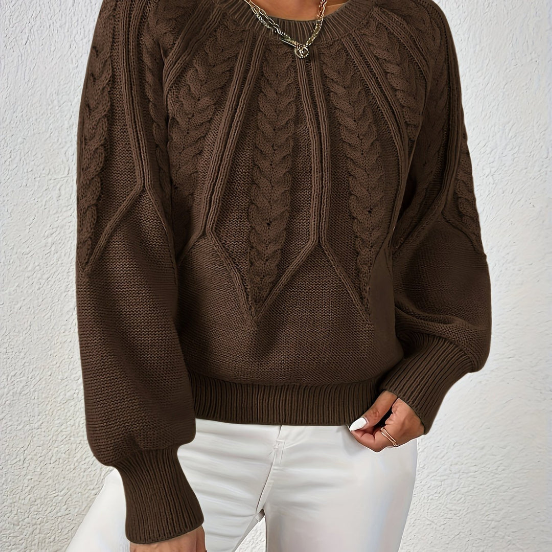 Elowen coffee brown cable-knit round-neck sweater, close-up detail