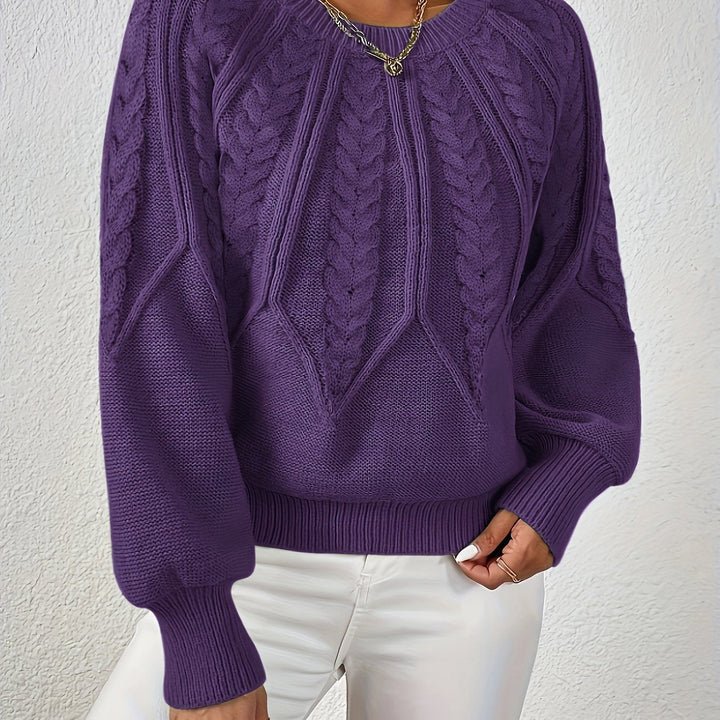 Elowen deep purple cable-knit round-neck sweater, close-up detail