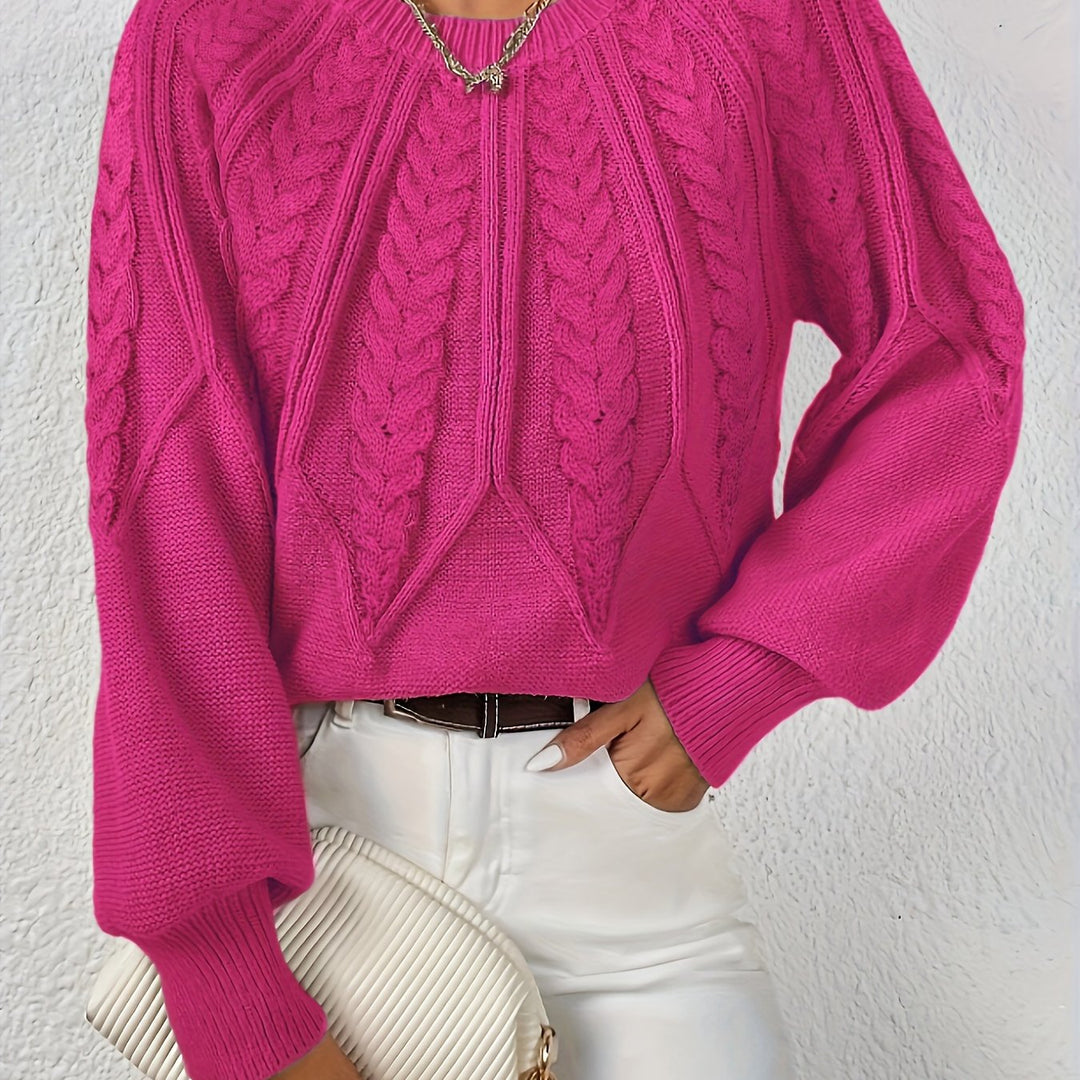 Elowen rose red cable-knit round-neck sweater, close-up detail