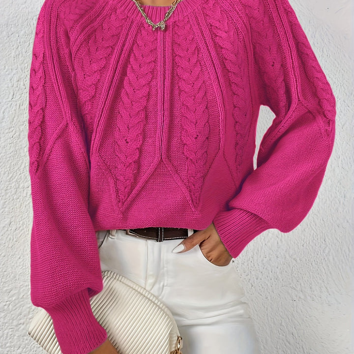 Elowen rose red cable-knit round-neck sweater, close-up detail