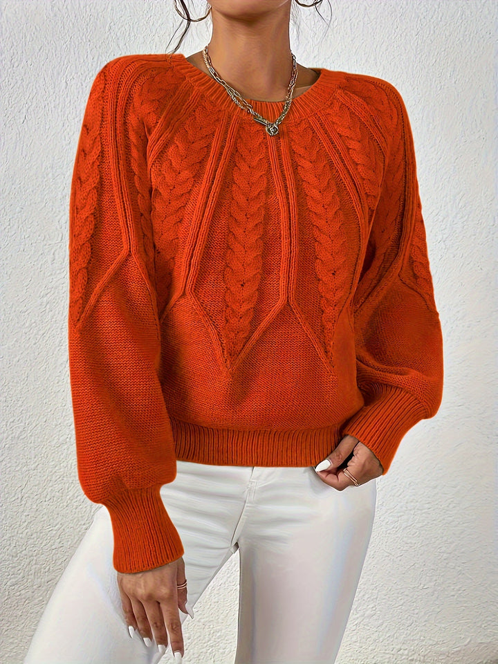 Elowen orange red cable-knit round-neck sweater, front view
