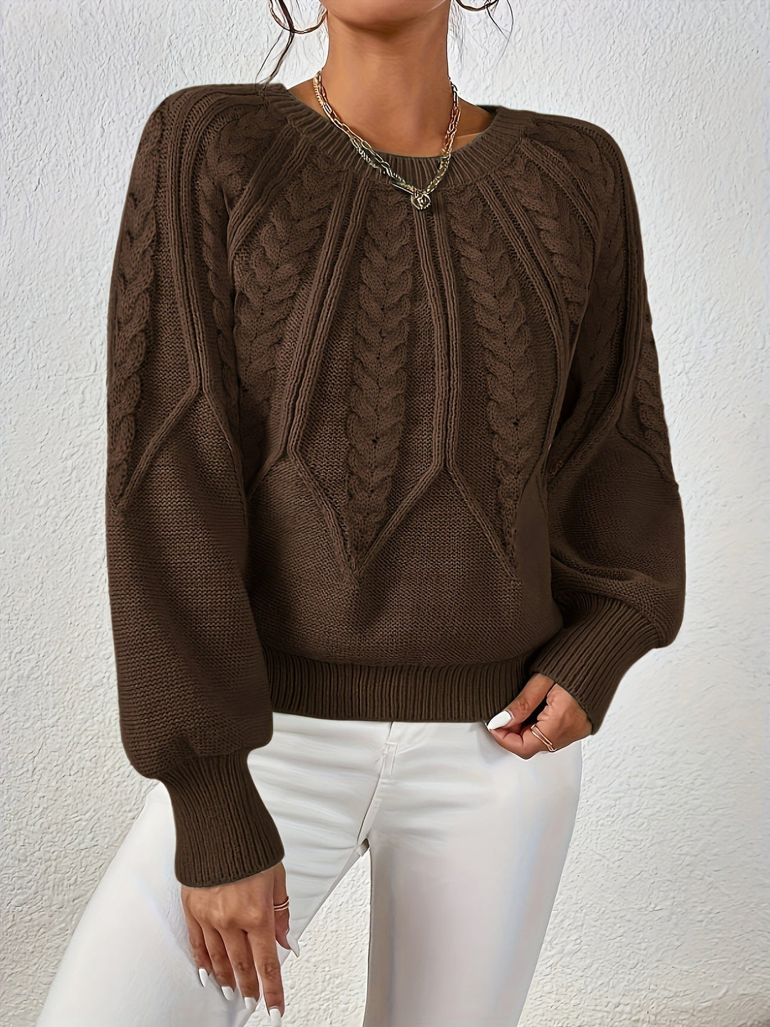 Elowen coffee brown cable-knit round-neck sweater, front view