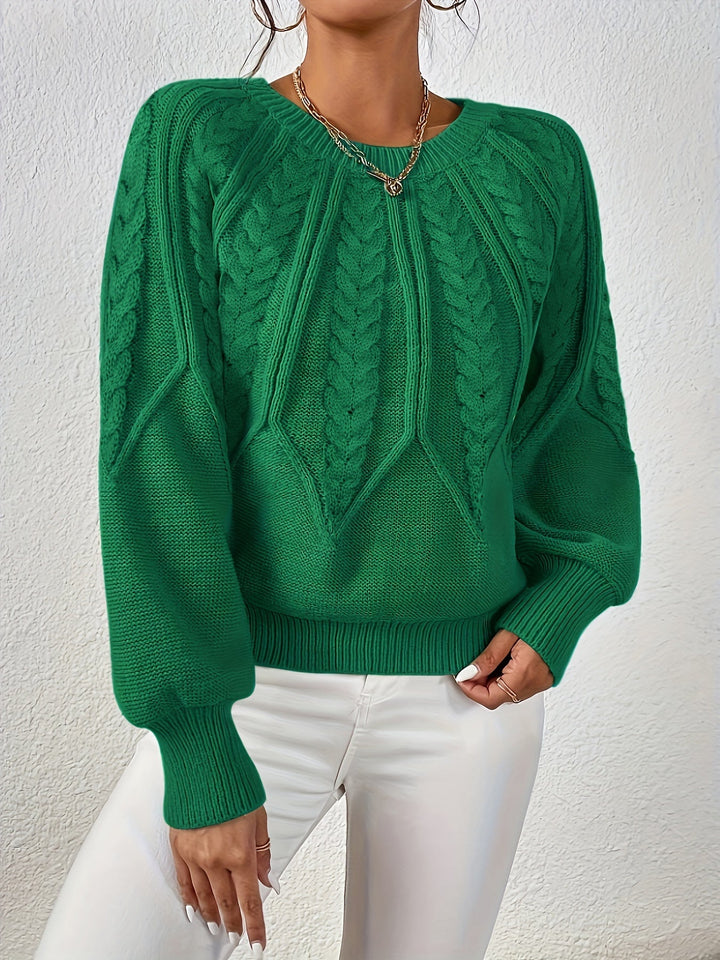 Elowen green cable-knit round-neck sweater, close-up front view