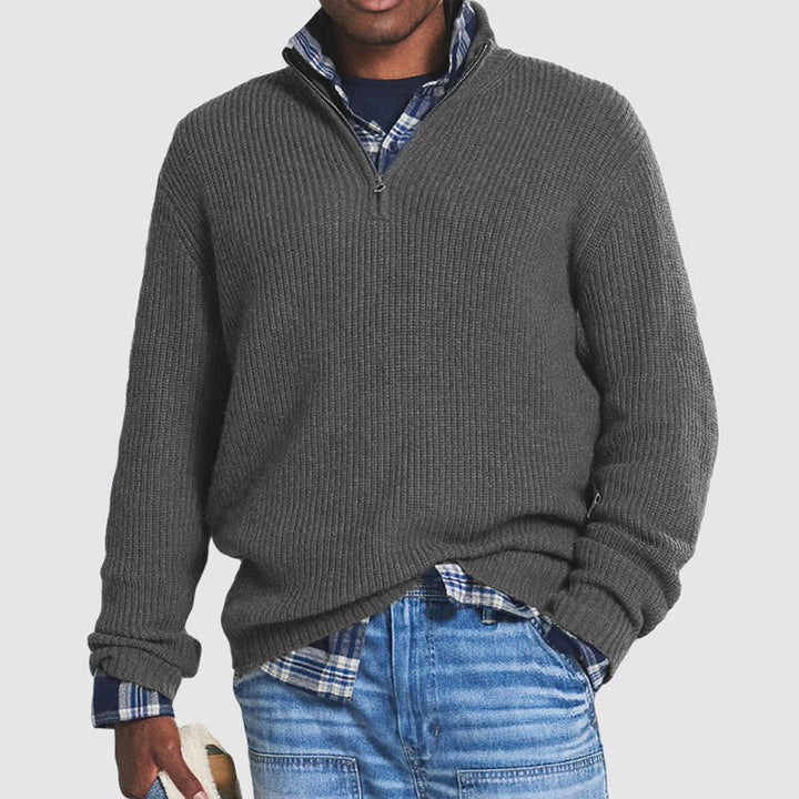 Emmett ribbed quarter-zip knit sweater in gray, front view layered over plaid shirt