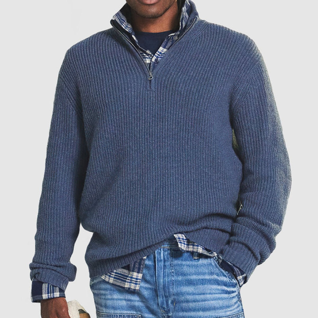 Emmett ribbed quarter-zip knit sweater in blue, front view layered over plaid shirt