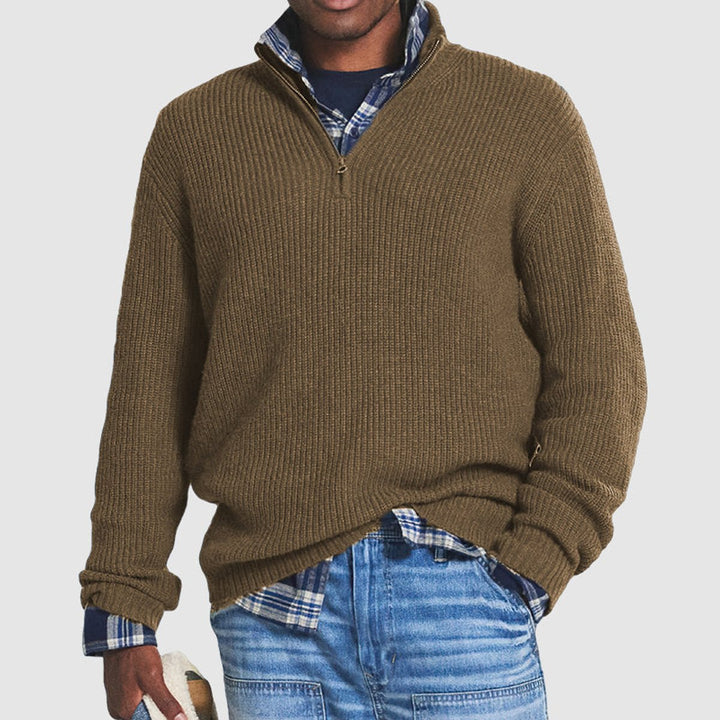 Emmett ribbed quarter-zip knit sweater in brown, front view layered over plaid shirt