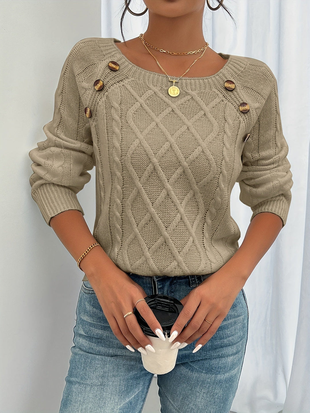 Estelle cable knit button detail sweater in khaki, front view
