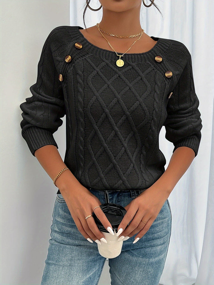 Estelle cable knit button detail sweater in black, front view