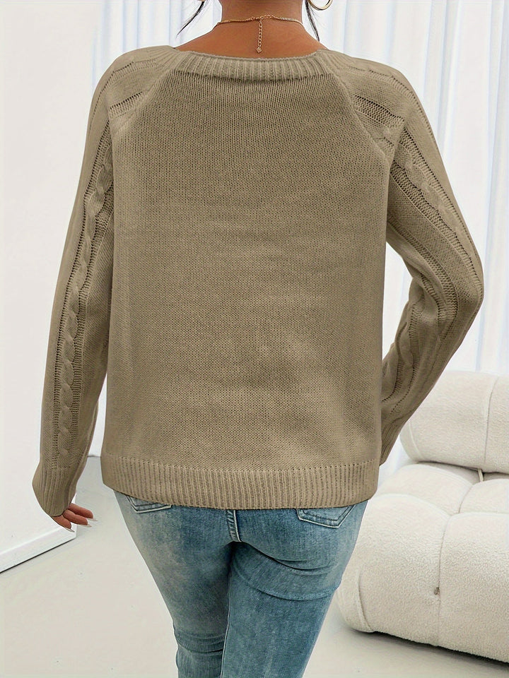 Estelle cable knit button detail sweater in khaki, back view