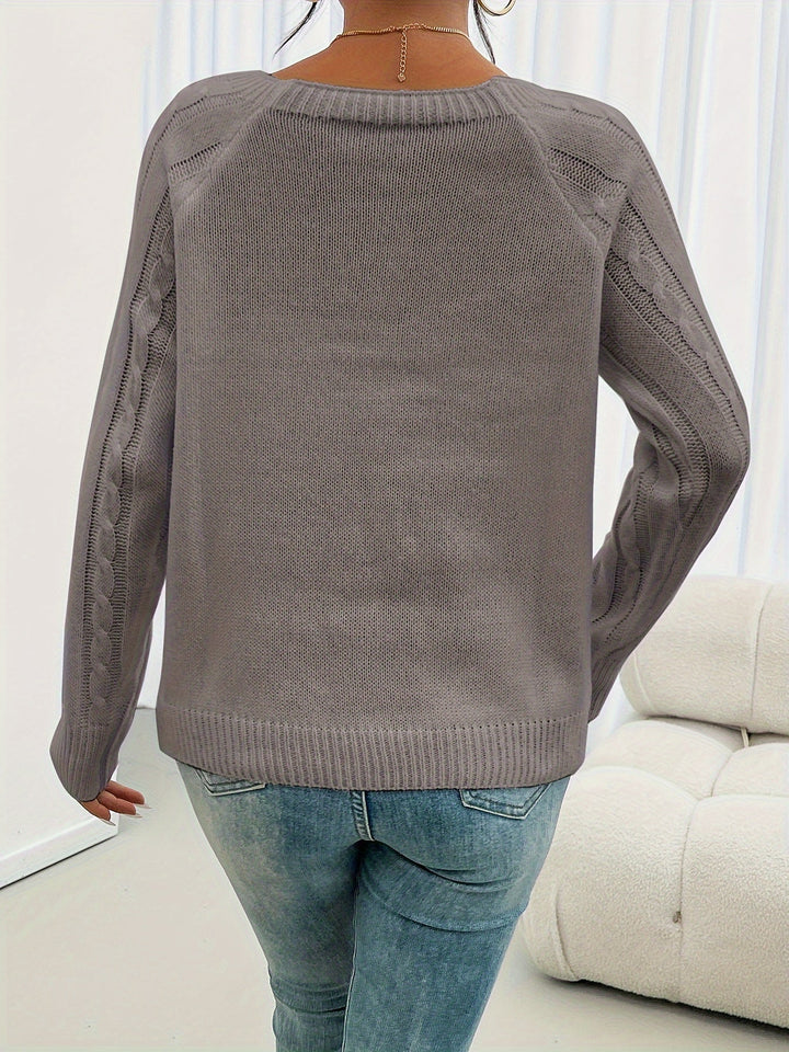 Estelle cable knit button detail sweater in dark grey, back view