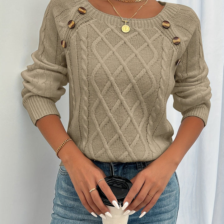 Estelle cable knit button detail sweater in khaki, close-up front view