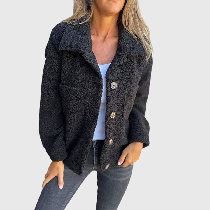 Everly black sherpa button-front jacket, front view
