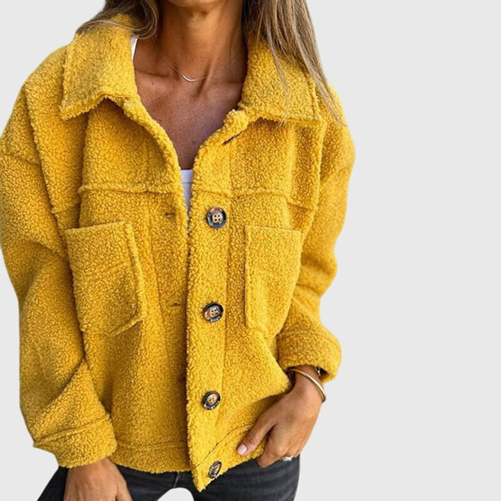 Everly yellow sherpa button-front jacket, front view