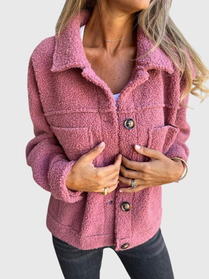 Everly pink sherpa button-front jacket, close-up front view