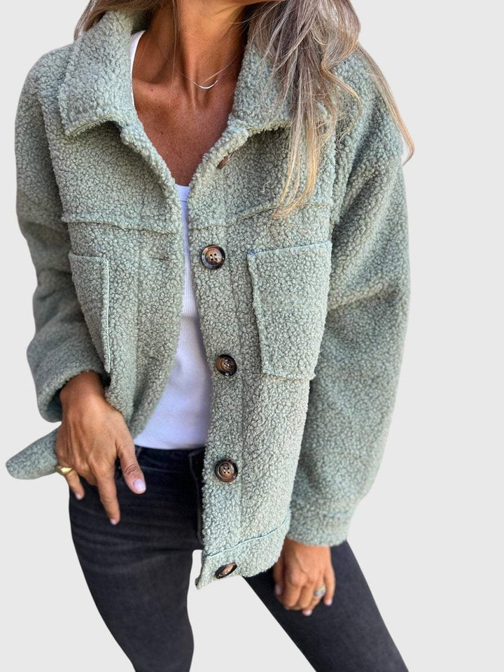 Everly green sherpa button-front jacket, close-up front view