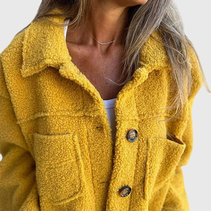 Everly yellow sherpa jacket collar and pocket detail