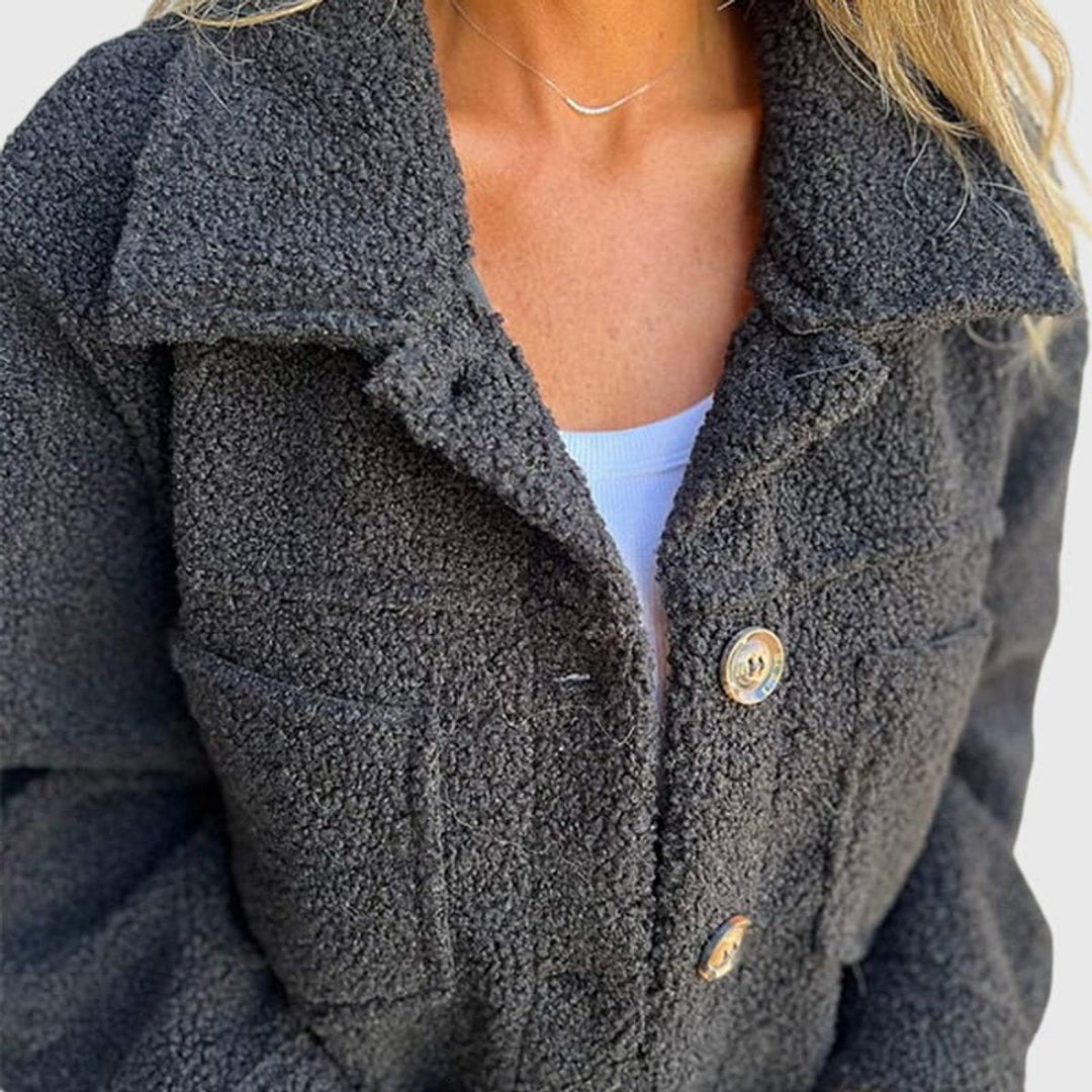 Everly black sherpa jacket collar and button detail