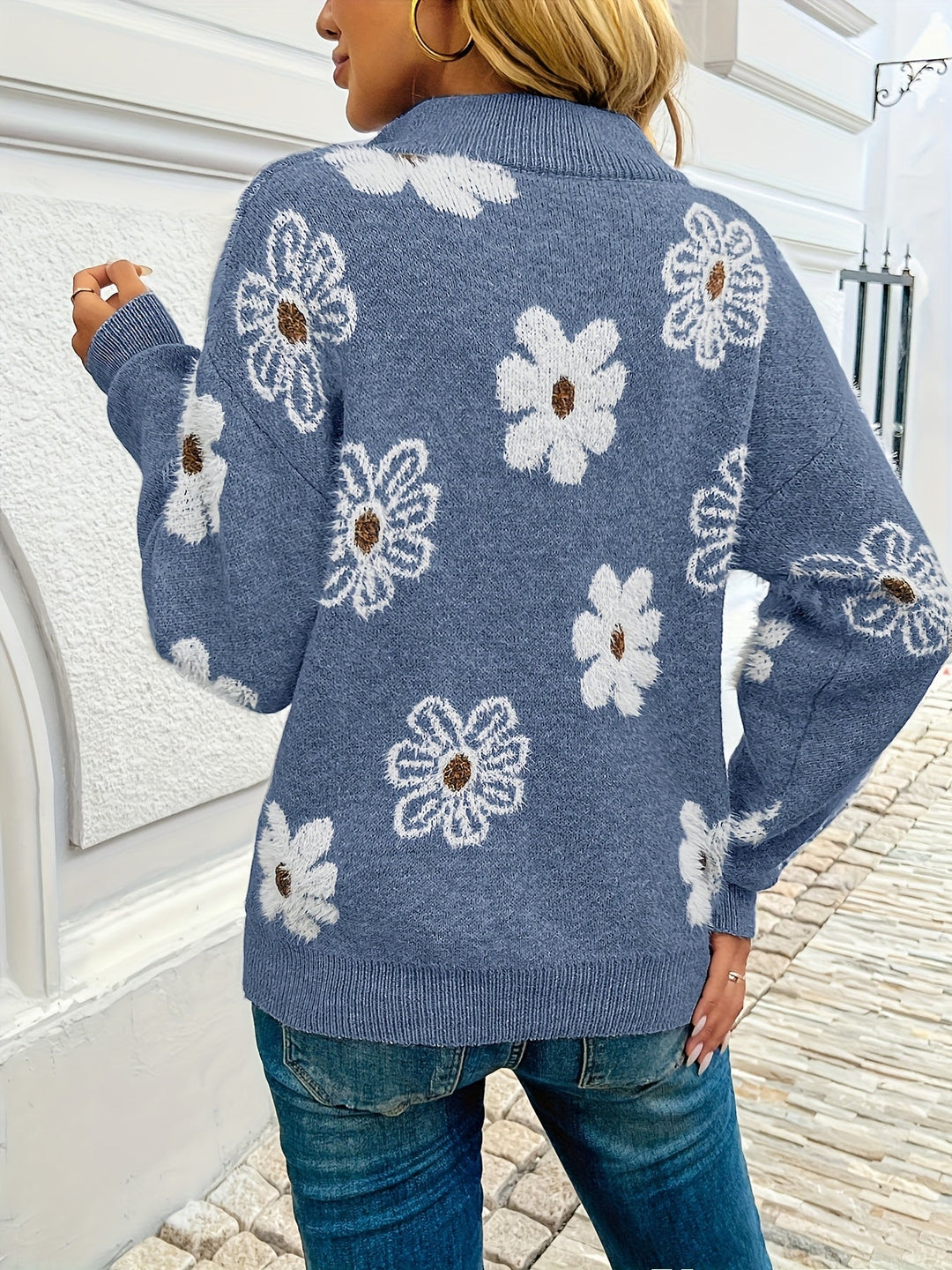 Everly floral half-zip sweater in royal blue, back view