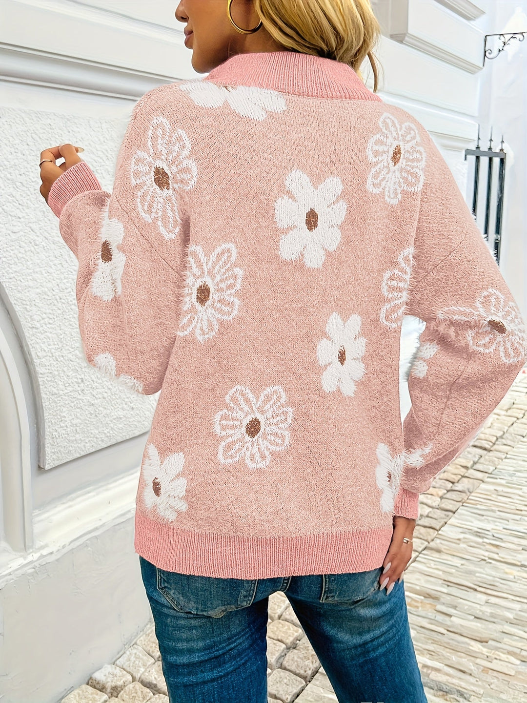 Everly floral half-zip sweater in pink, back view