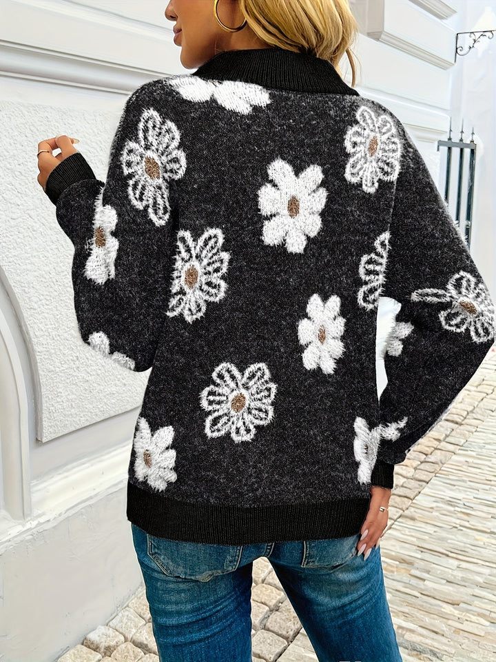 Everly floral half-zip sweater in black, back view