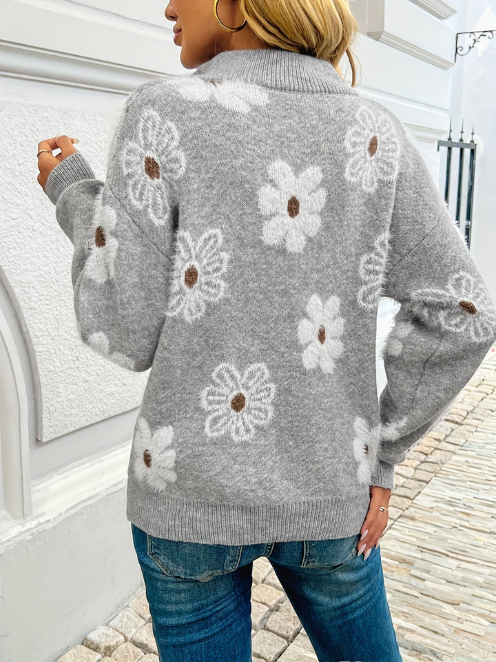 Everly floral half-zip sweater in silvery grey, back view