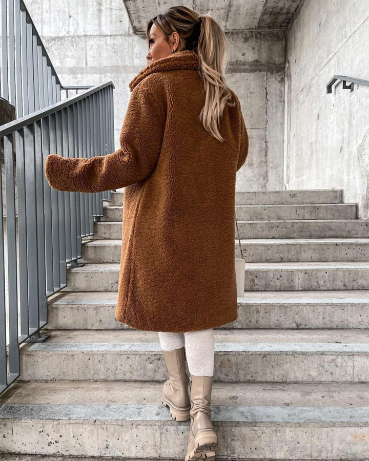 Everly teddy coat back view showing longline silhouette