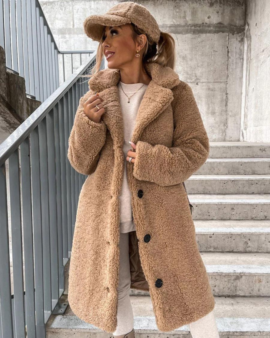Everly teddy coat styled with matching cap, front detail