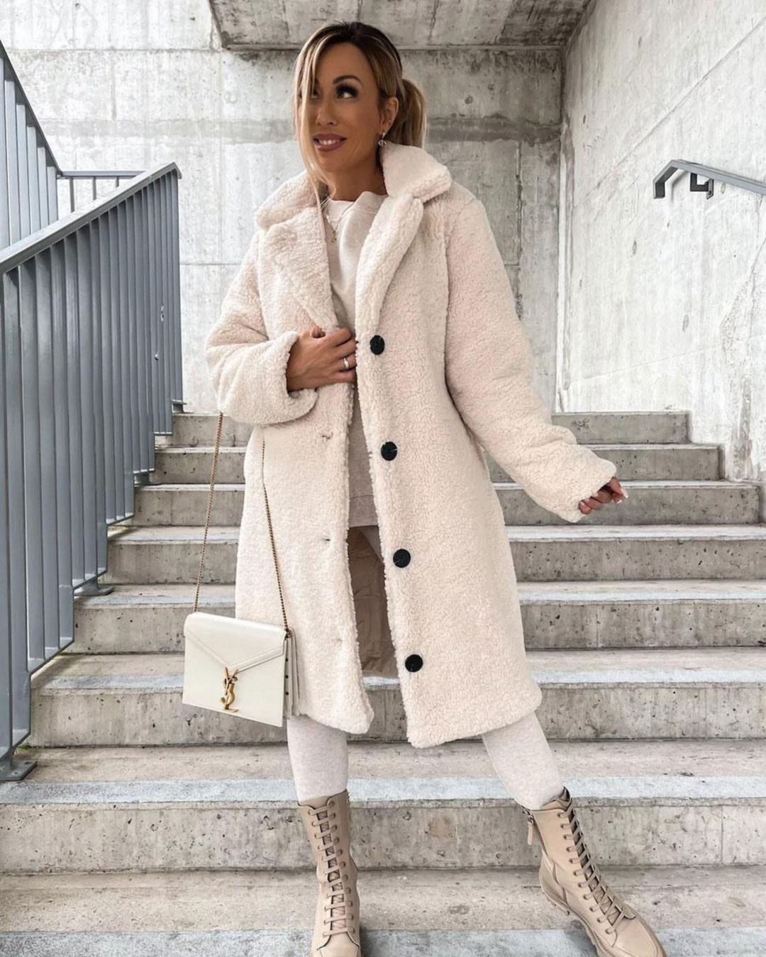 Everly ivory teddy coat front view with crossbody bag