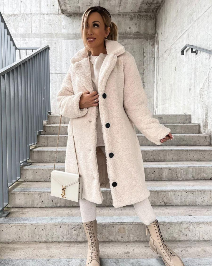 Everly ivory teddy coat front view with crossbody bag